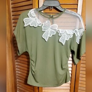 Olive Green Women's Top with Lace Appliqué